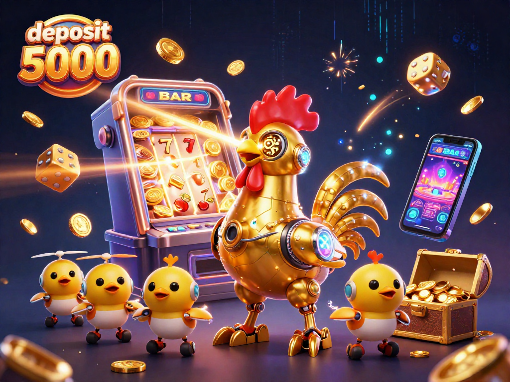 Experience thrilling scenes of deposit 5000 with vibrant slot machines and dynamic golden characters in action.