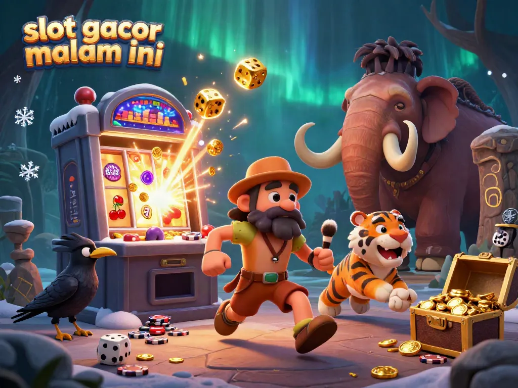 Permainan kasino "slot gacor malam ini" dengan karakter gua berlari, slot jackpot meledak, dan simbol bertaburan.