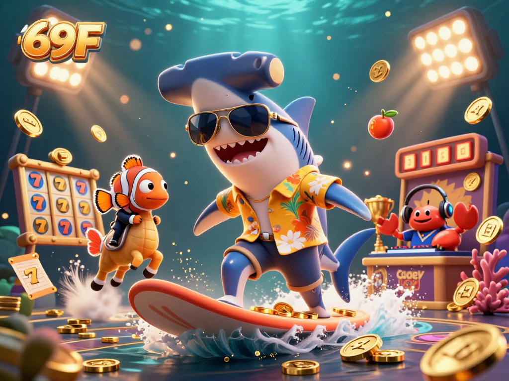 Promoção do cassino 69F com tubarão e elementos de jogos em uma cena vibrante