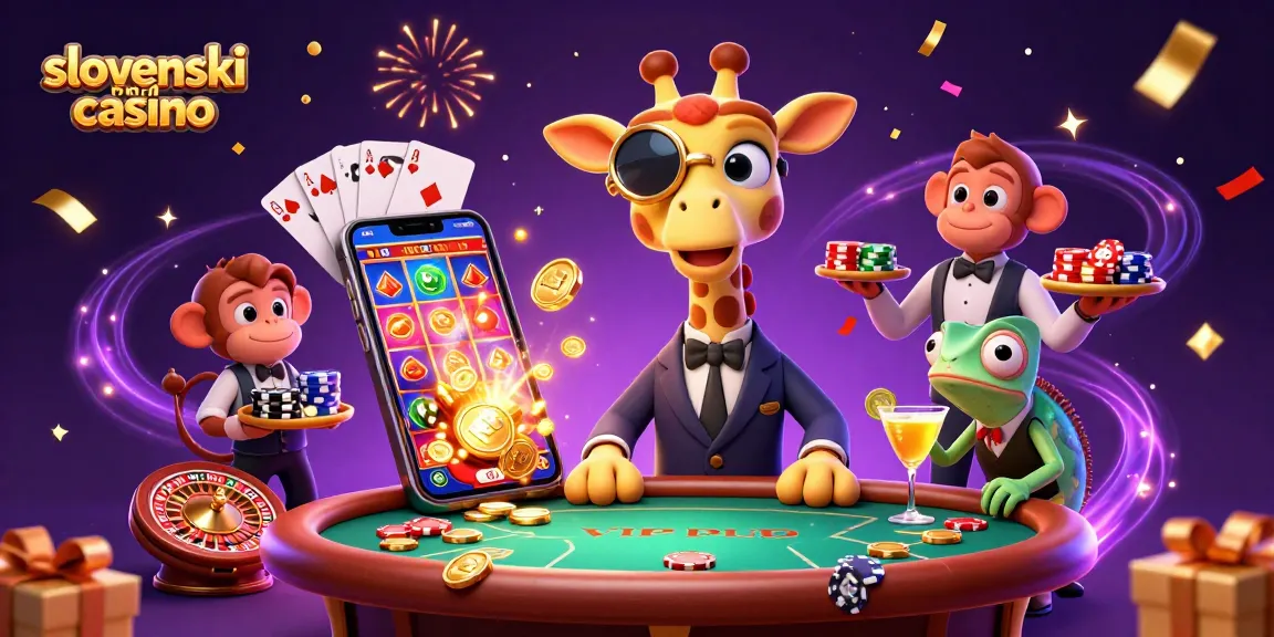 Slovenski online casino prikazuje 3D žirafe visoke igralce za pokerjem, obkroženo z igralnimi elementi.