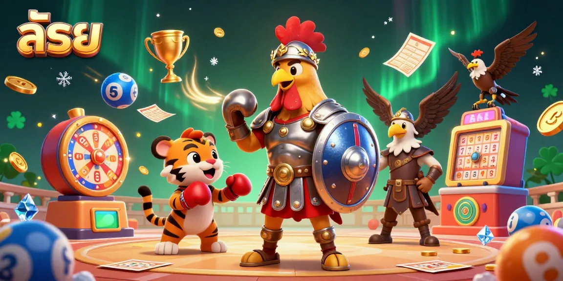 ภาพการ์ตูน 3D ของไก่กลาดิเอเตอร์สวมชุดเกราะในสนามโคลอสเซียม พร้อมลูกสลากกินแบ่งและทองคำ