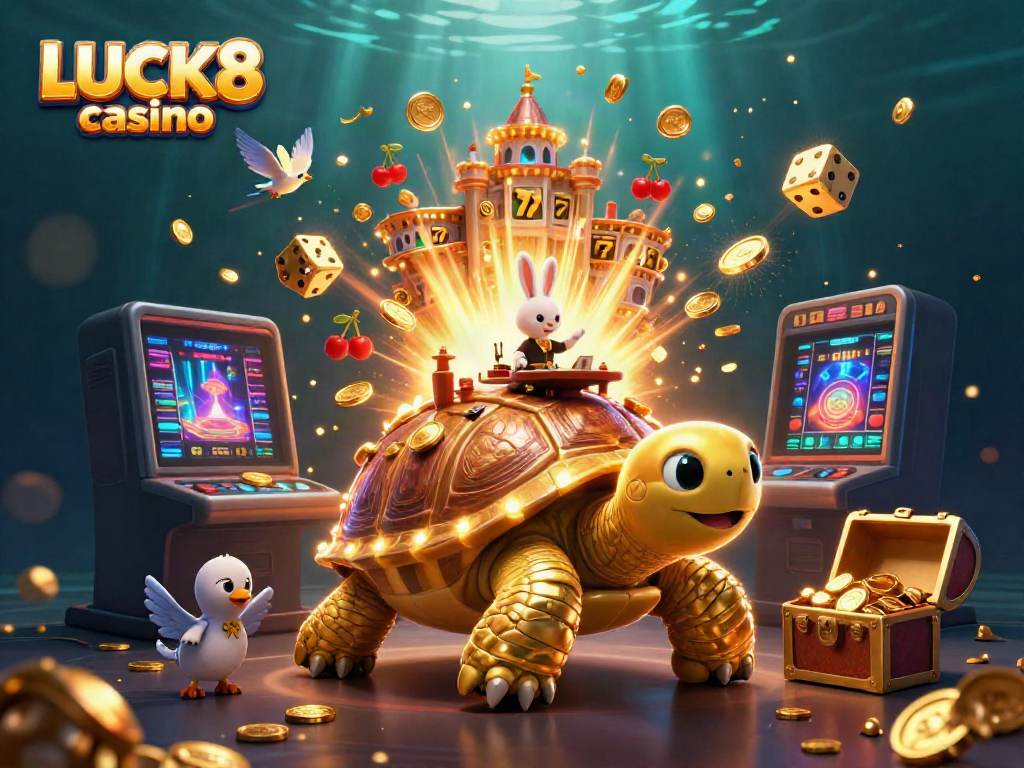 Experience the excitement of LUCK8 casino with a vibrant scene featuring a golden tortoise palace, a rabbit dealer, and flying coins.