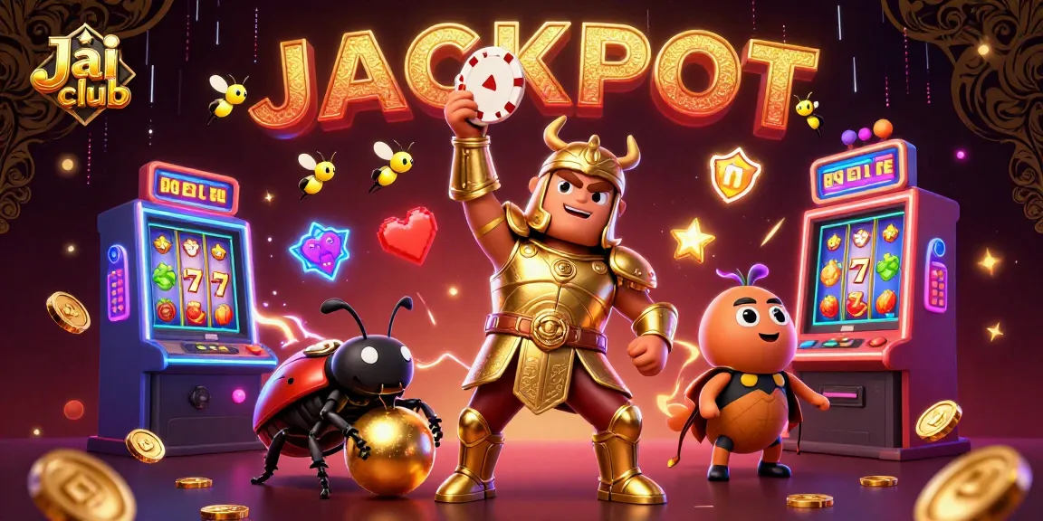 Join the excitement at Jai club with a triumphant beetle lifting a poker chip, surrounded by slot machines.