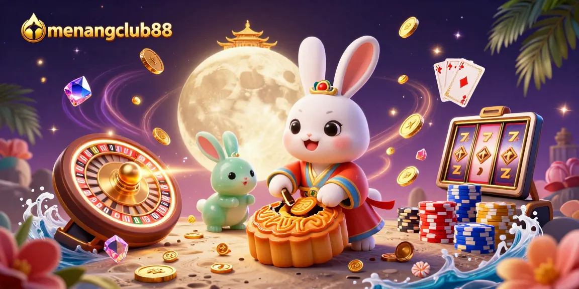 Experience winning moments with menangclub88 as joyful rabbits reveal hidden poker chips in a lunar casino adventure.