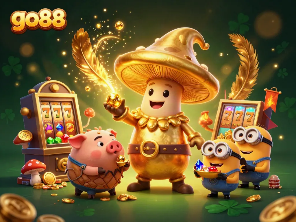 Engage with go88 platform's excitement through a whimsical scene of a golden wizard and treasures.