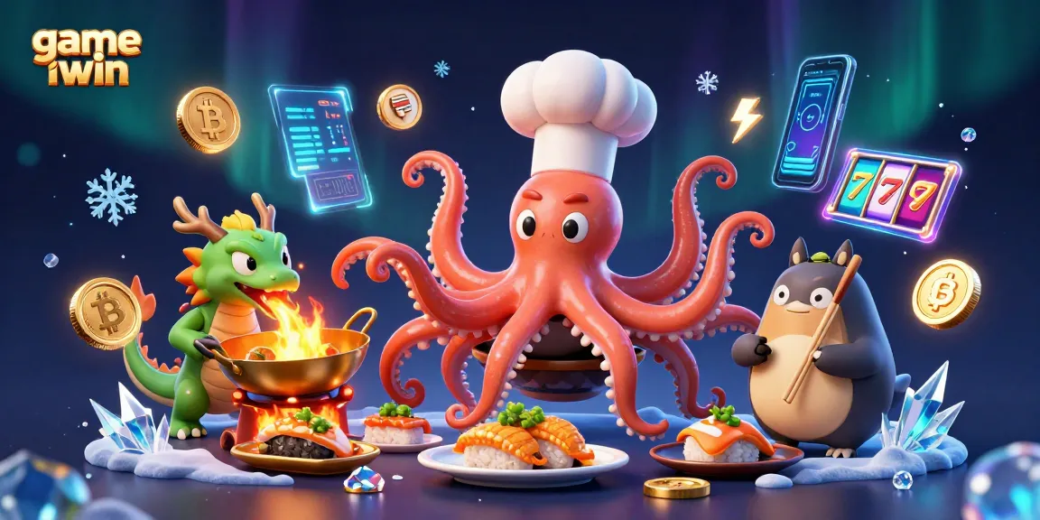 Engage with game iwin featuring a sushi chef octopus, dragon, and tanuki in a vibrant casino setting.