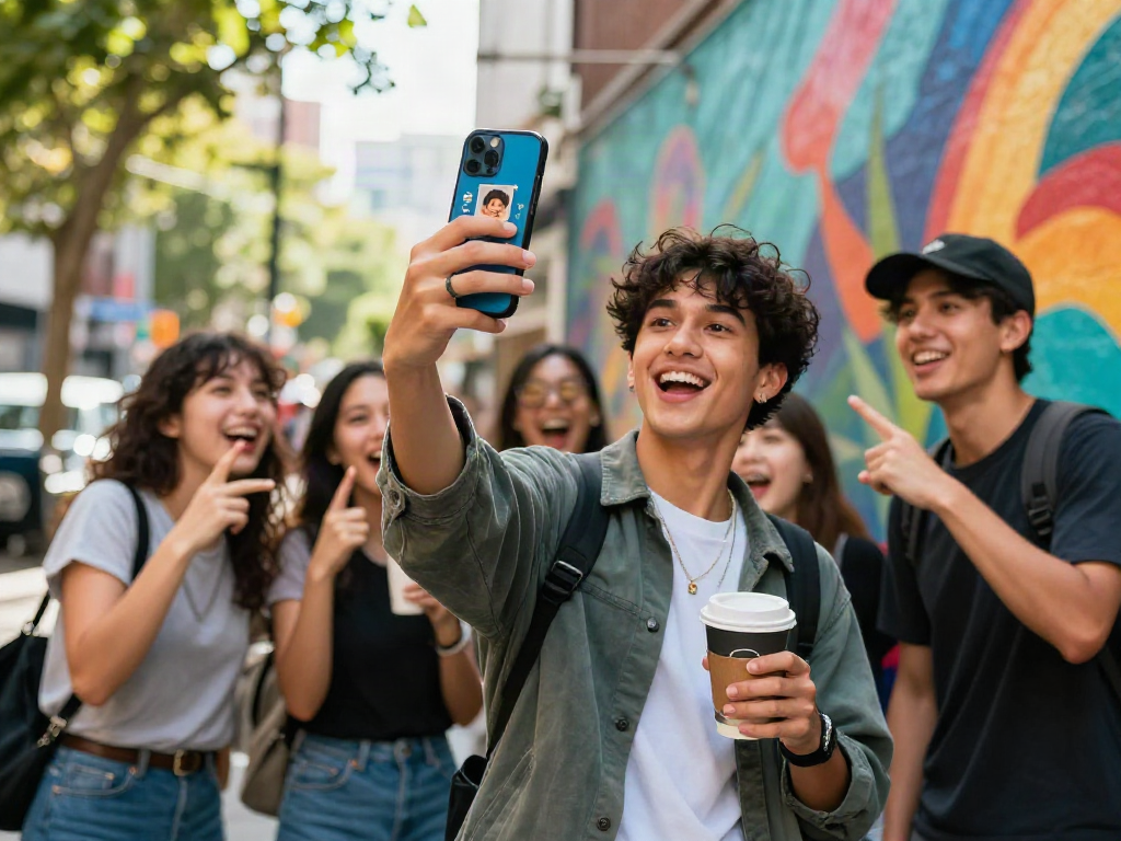 Person discovering which celebrity they look like using a fun app in an urban setting.