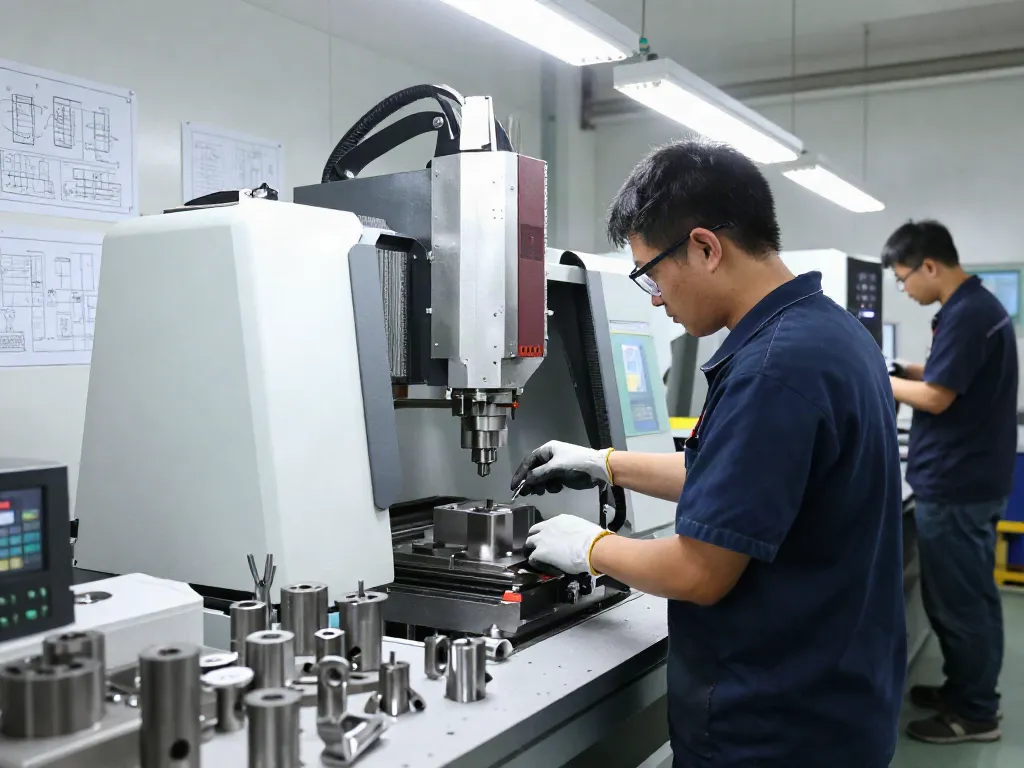 CNC machining parts manufacturer workshop showcasing precision machining with skilled technicians operating machinery.