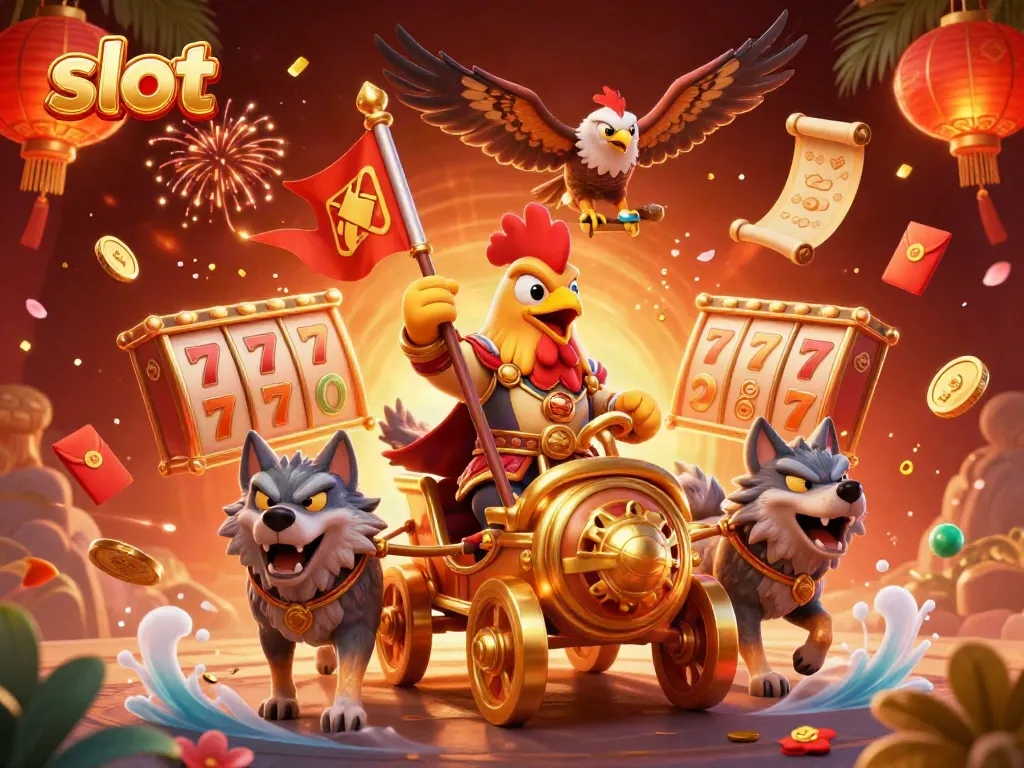 Experience thrilling slot action with a dynamic rooster warlord and exciting game elements.