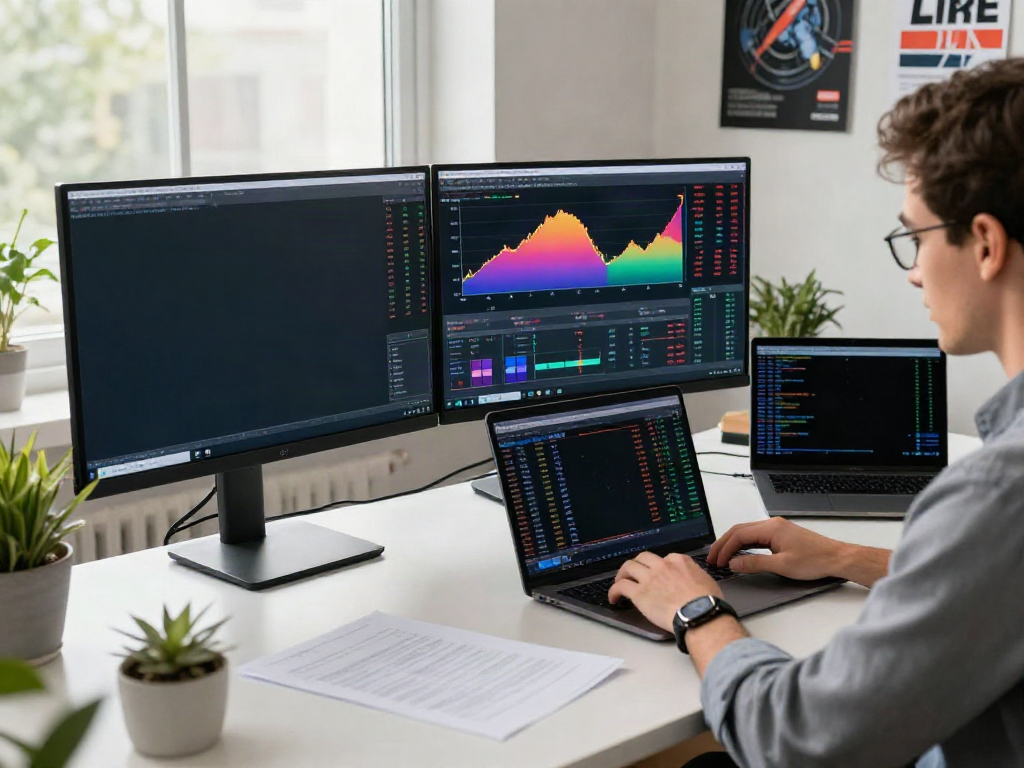 Engaged trader analyzing market data on MetaTrader 5 in a modern workspace.