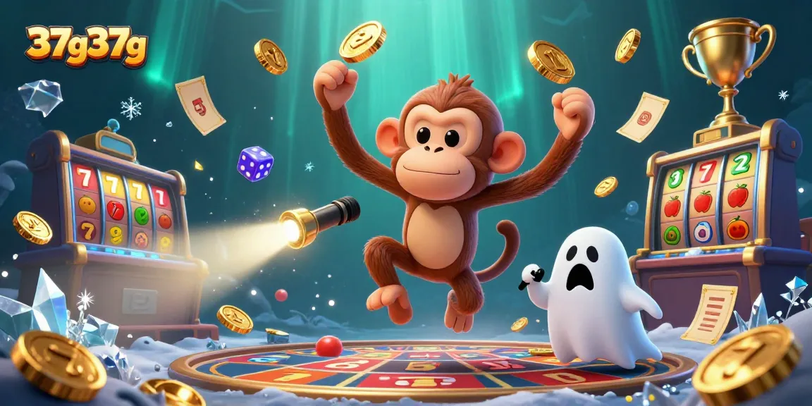 37g37g showcases a lively scene with a mischievous poltergeist monkey juggling in a haunted casino.