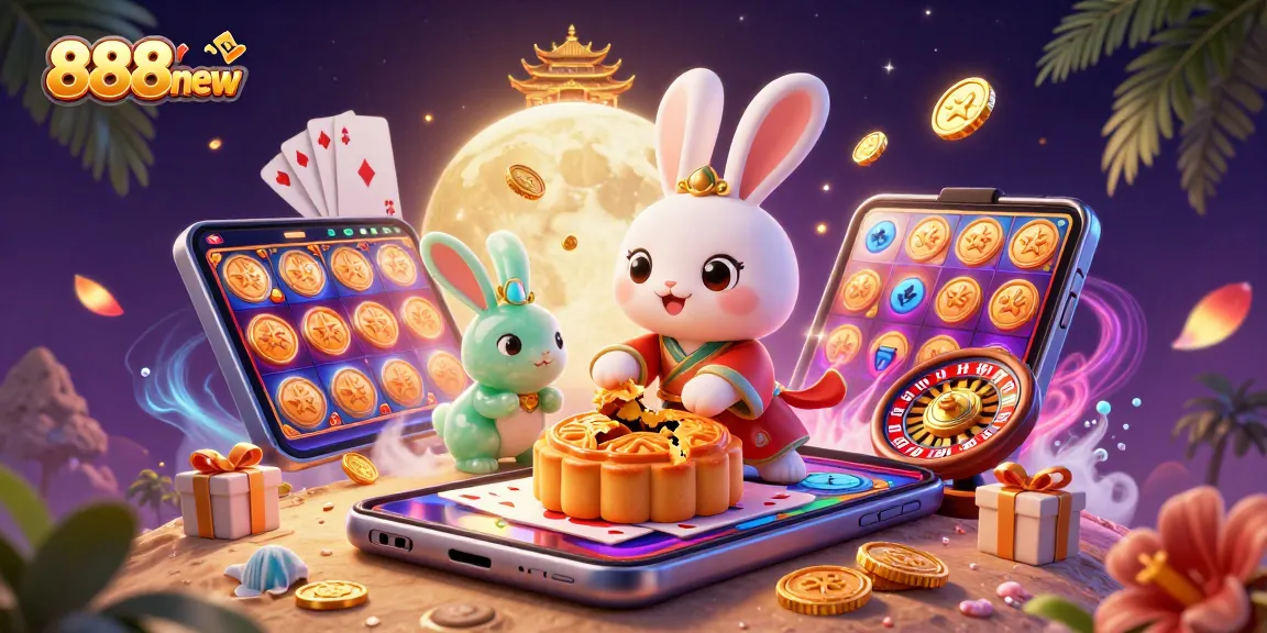 Experience the thrilling slots at 888new, where a moon rabbit reveals poker chips and adventure awaits!