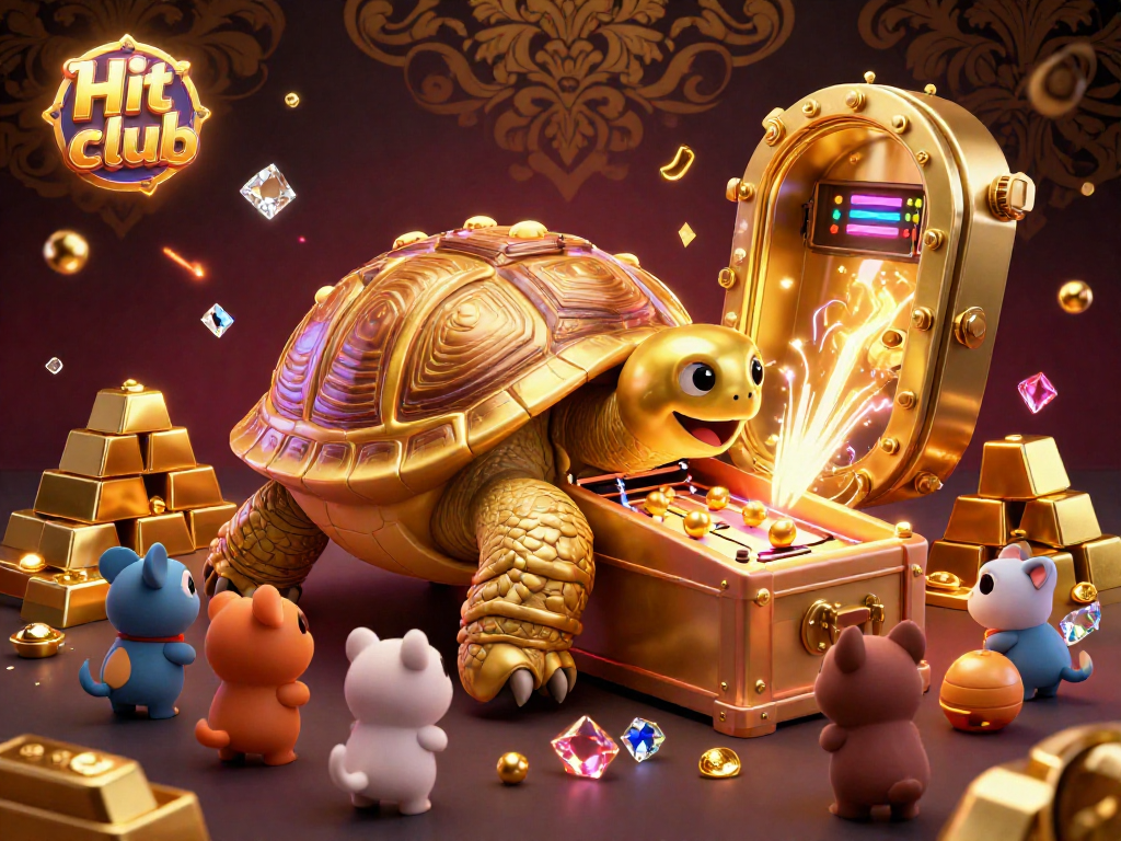 Engage in thrilling gameplay at Hit club with charming golden tortoise pinball surrounded by treasure.