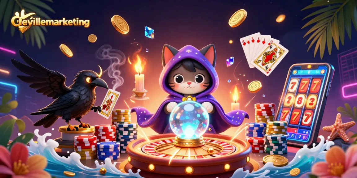 Mengulas strategi casin0 online devillemarketing dengan ilustrasi 3D kucing mistik dan kartu tarot, memberi pengalaman bermain menawan.