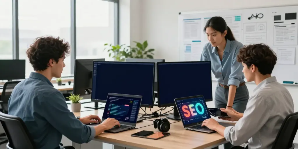 Team analyzing seo strategies in a vibrant digital marketing office.