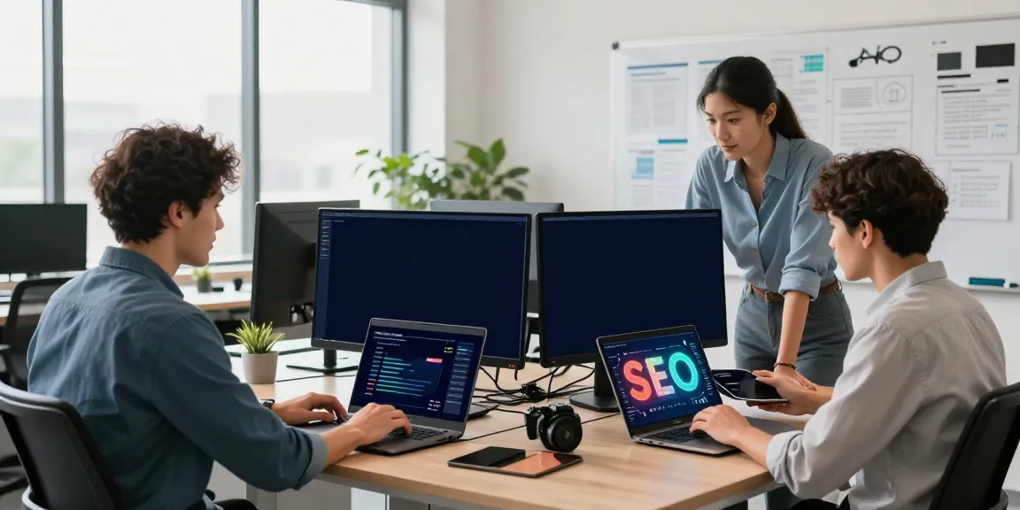 Team analyzing seo strategies in a vibrant digital marketing office.