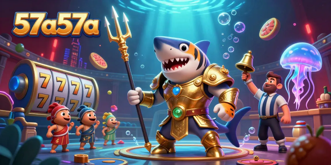 Engage in thrilling slot action with 57a57a's exciting underwater casino scene featuring vibrant characters and game elements.