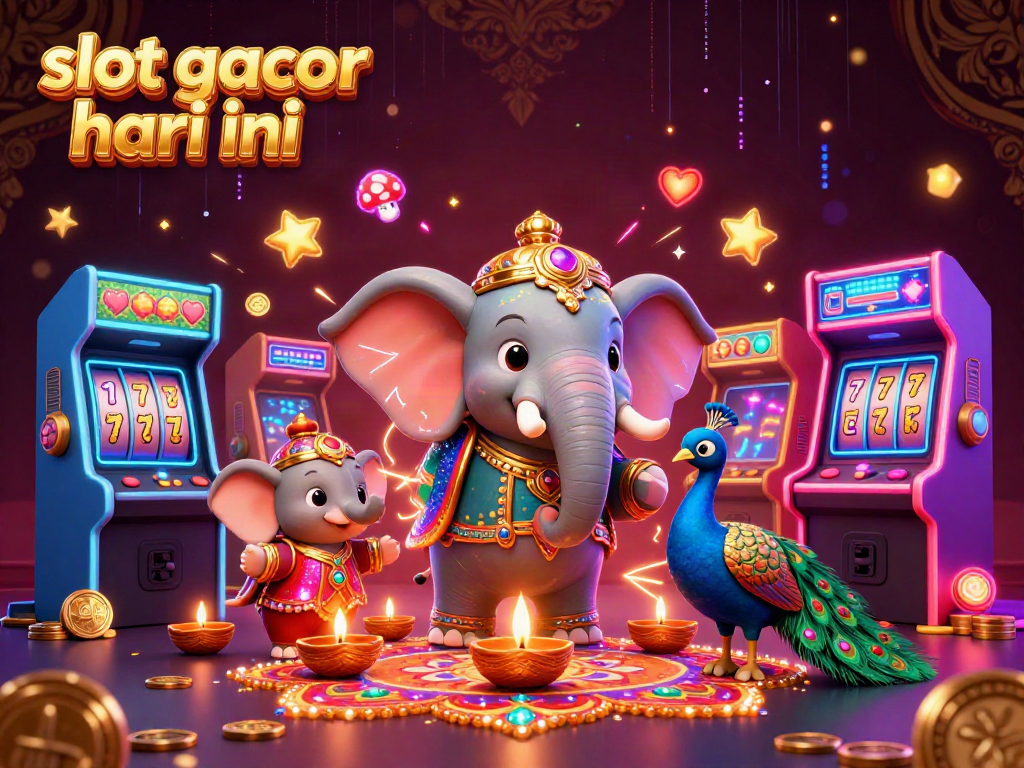 Celebrate slot gacor hari ini with vibrant casino action featuring a lively scene of game machines and festive elements.