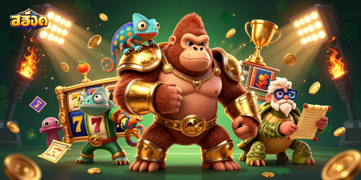 Experience the thrill of สล็อต with powerful characters and dynamic casino elements in a vibrant illustration.