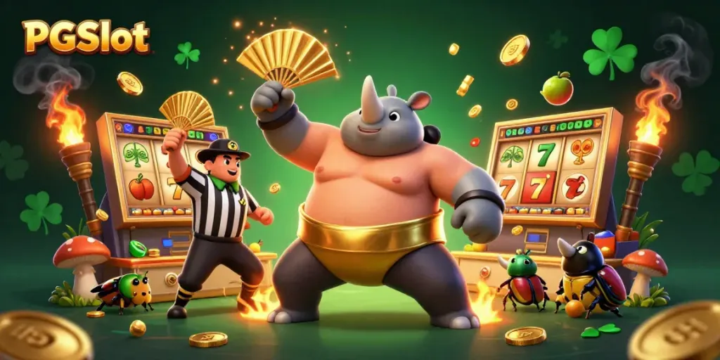 Experience PGSlot excitement with a dynamic scene of a sumo beetle champion and coin action.