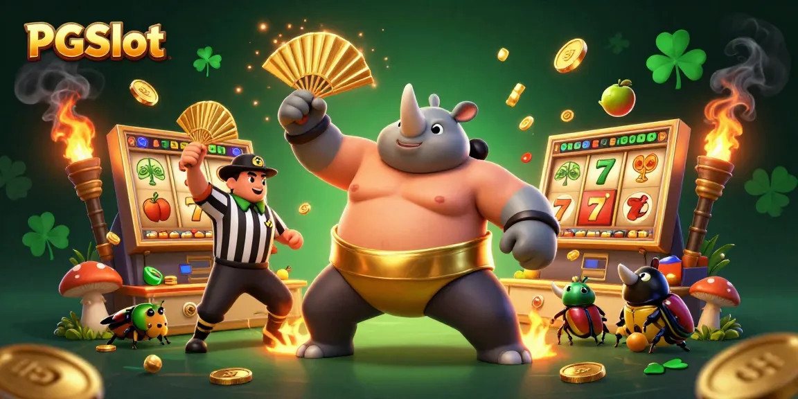 Experience PGSlot excitement with a dynamic scene of a sumo beetle champion and coin action.