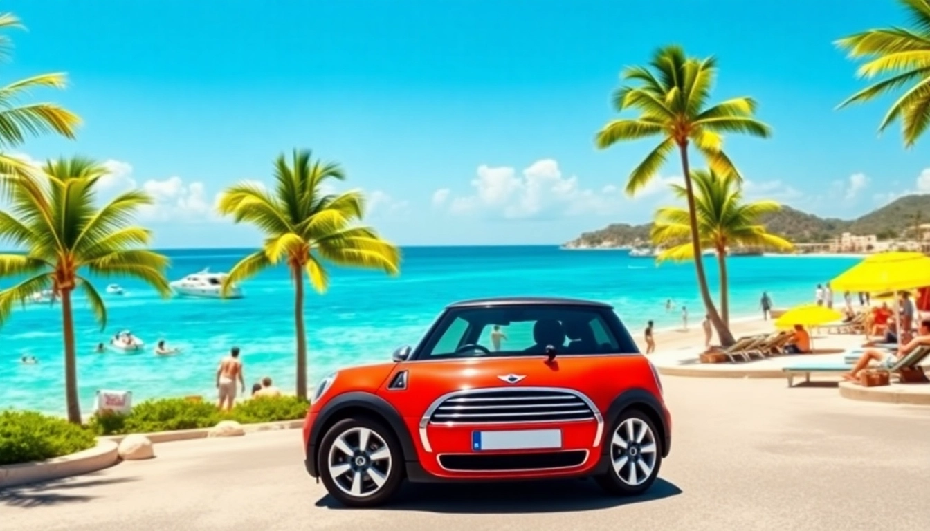Experience the allure of a st barths mini cooper rental parked on a vibrant St. Barths beach.