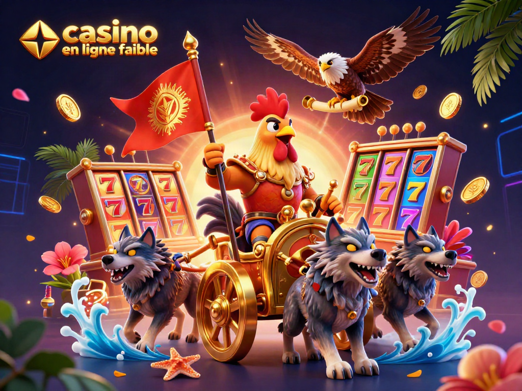 Illustration dynamique montrant le casino en ligne fiable avec le roi coq et des symboles de jackpot.