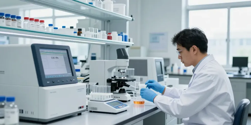 Researcher analyzing CJC/IPA compounds in a modern lab setting