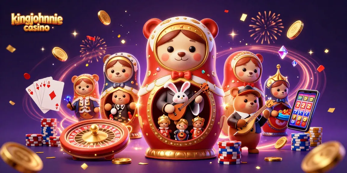 Experience the excitement of kingjohnnie casino with vibrant bears and confetti in this captivating casino scene.