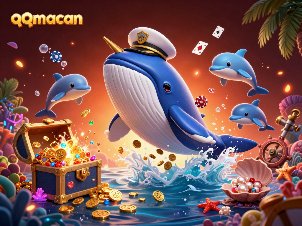 Experience thrilling gameplay with qqmacan, featuring a whale, narwhal, and playful dolphins showcasing poker chips.