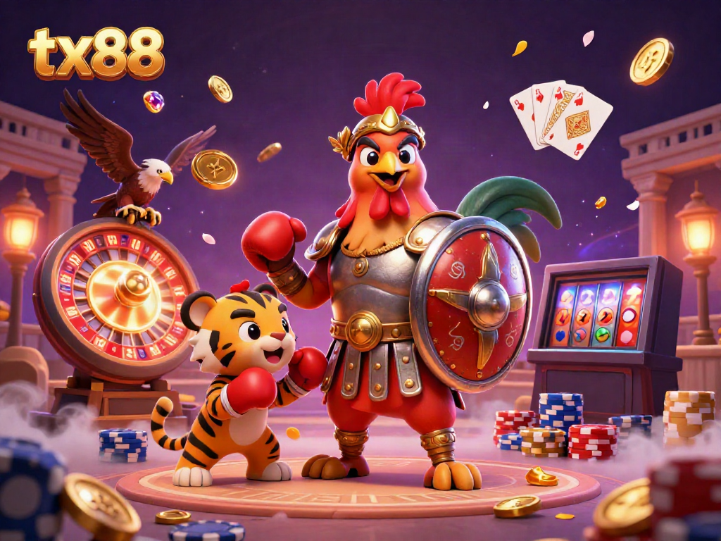 Experience tx88's thrilling online casino with colorful characters, coins, and games in this dynamic 3D illustration.