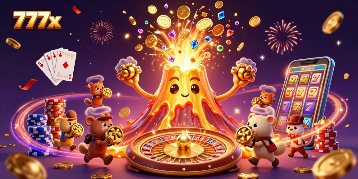 Participate in exciting adventures with 777x's gaming treasures, featuring golden volcanoes and sparkling gems.
