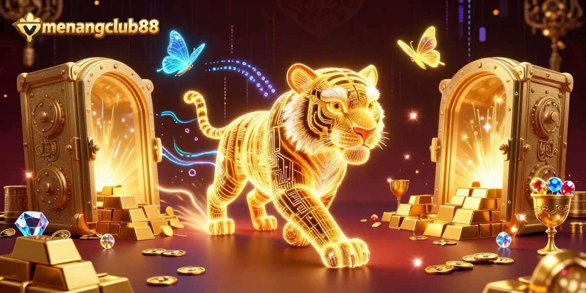 Experience thrilling adventures at menangclub88 with a golden tiger amid sparkling gems.