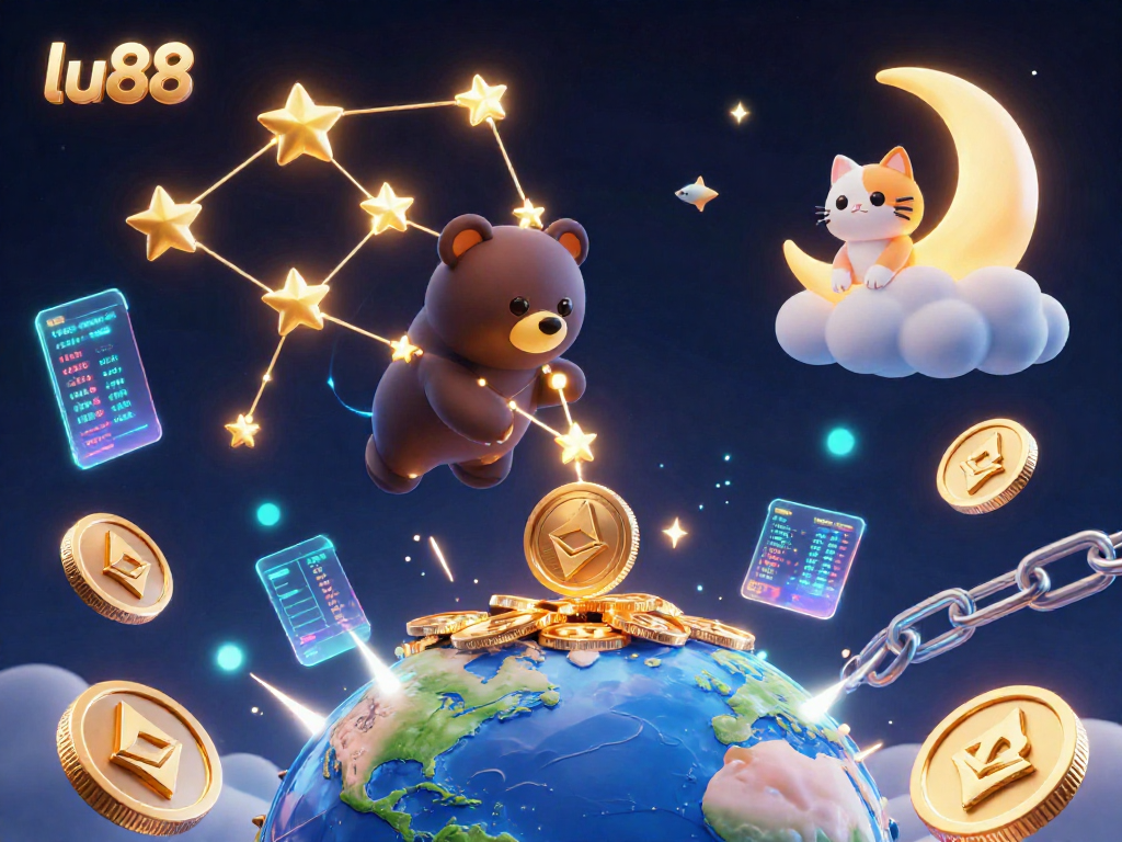 Engage with lu88's thrilling gaming experience as stars, coins, and crypto elements illuminate the night.