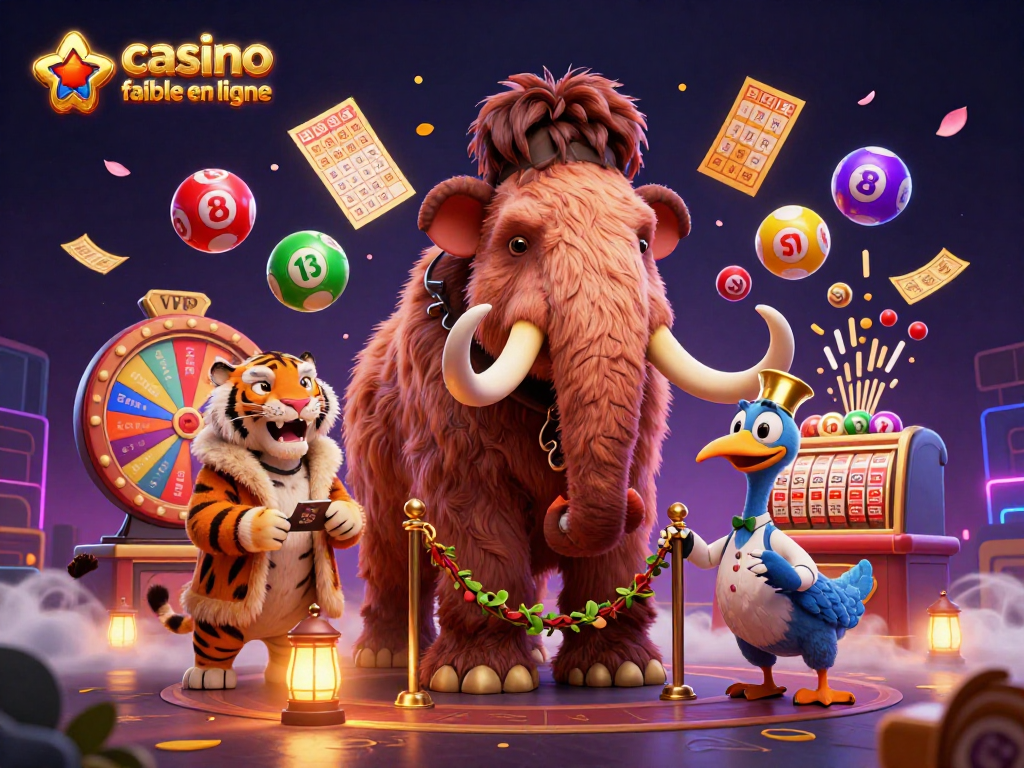 Illustration dynamique d'un casino fiable en ligne avec un mammouth bouncer contrôlant les identités à l'entrée, entouré de boules de loterie colorées.