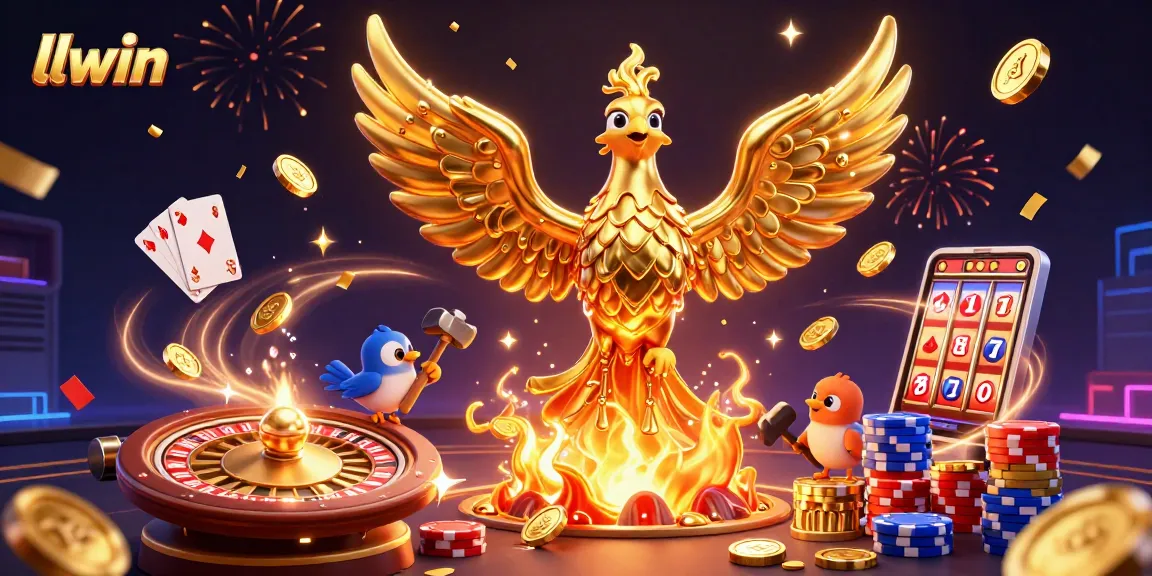 Experience winning strategies at llwin, featuring a golden phoenix amid casino excitement.