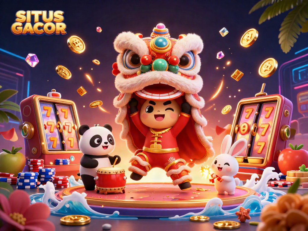 SITUS GACOR showcases thrilling slot action with vibrant characters in a lively casino atmosphere.