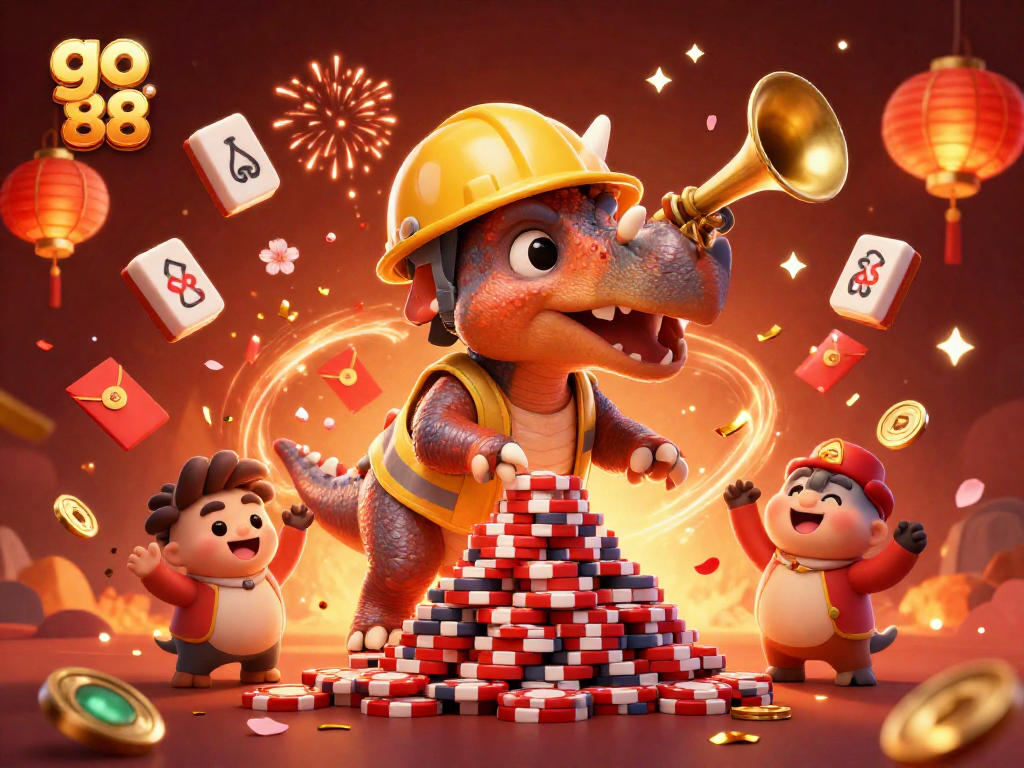 Celebrate with go 88 as the triceratops builds a poker chip pyramid amidst vibrant casino elements.
