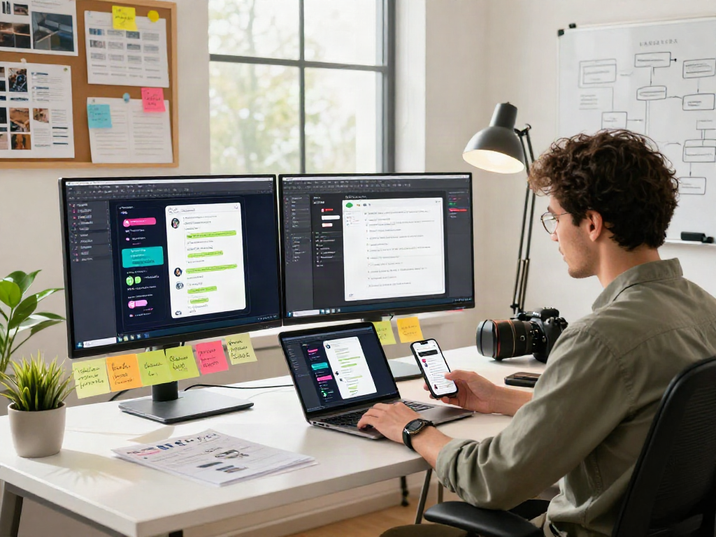 Innovative mobile app development scene with gb whatsapp interface design, showcasing a productive workspace.