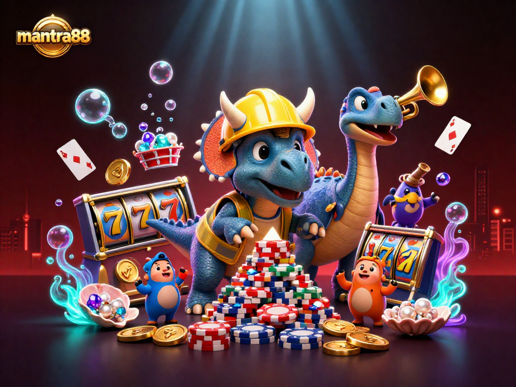 Win big playing mantra88-themed games with a triceratops and a festive atmosphere in this vibrant illustration.