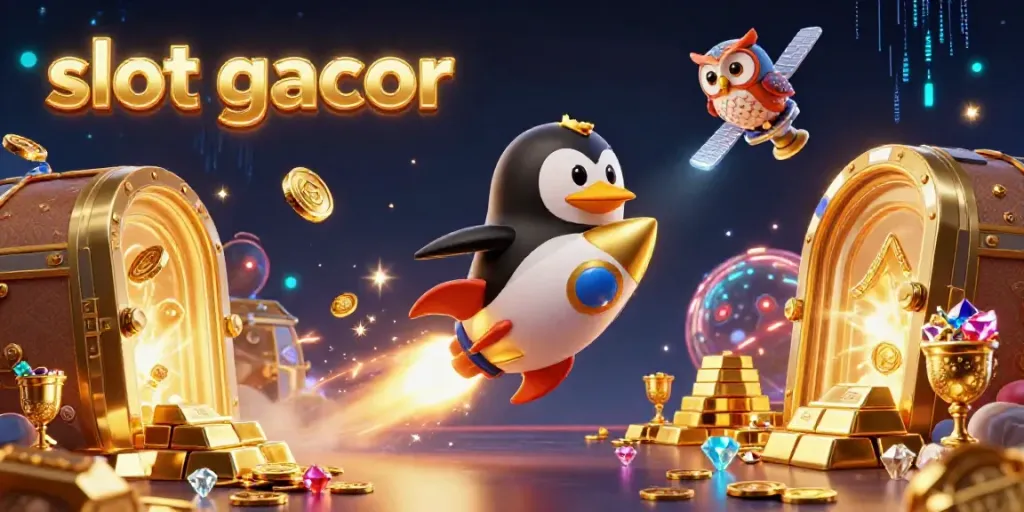 Experience the excitement of slot gacor with a golden penguin soaring through a treasure-filled galaxy, capturing attention.