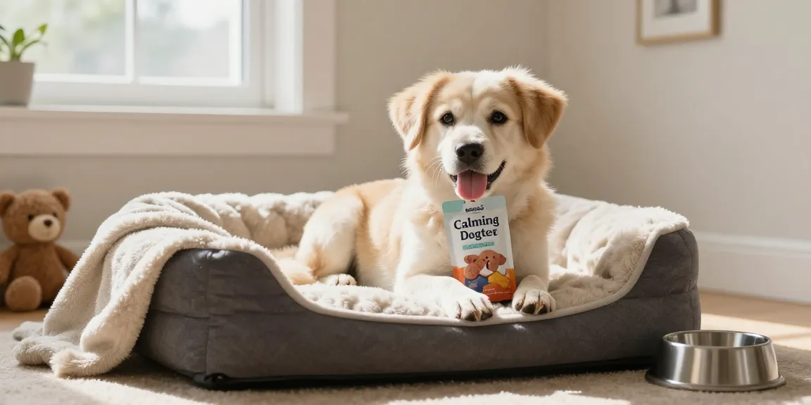 Dog enjoying Calming Dog Treats in a cozy, warm home setting
