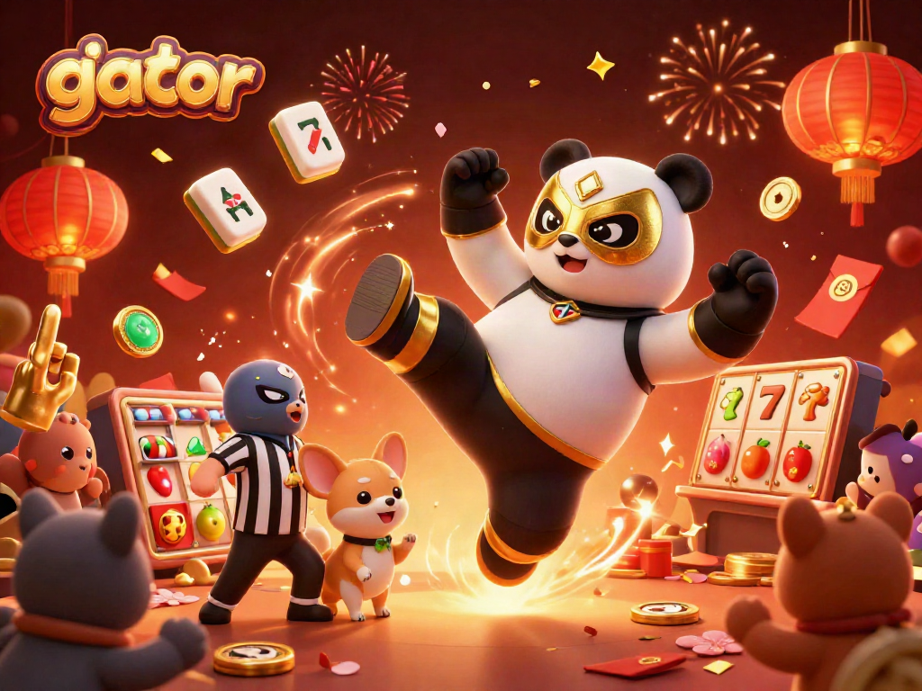 Exciting scene of slot gacor with cartoon panda wrestling, celebrating wins with sparkling game elements.