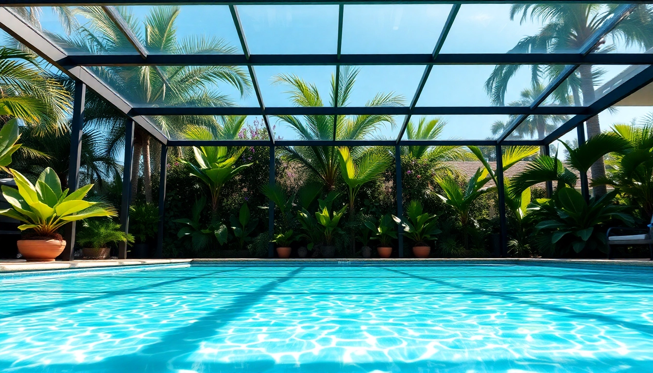 Elegant pool enclosure surrounded by lush gardens and clear water for outdoor relaxation.