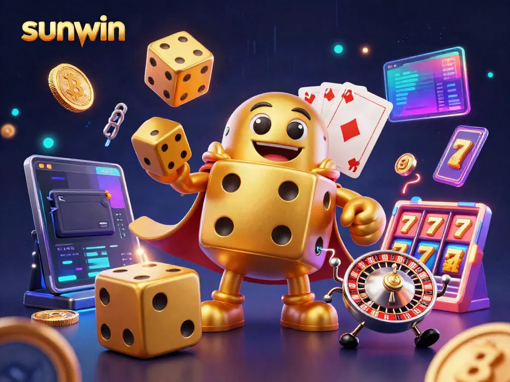 Engage in thrilling gameplay with sunwin's dynamic 3D casino illustration showcasing vibrant elements and characters.