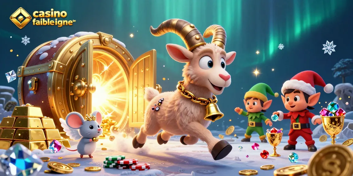 Illustration d'un casino fiable en ligne, avec Krampus et un ange souris animés au milieu d'un environnement festif.