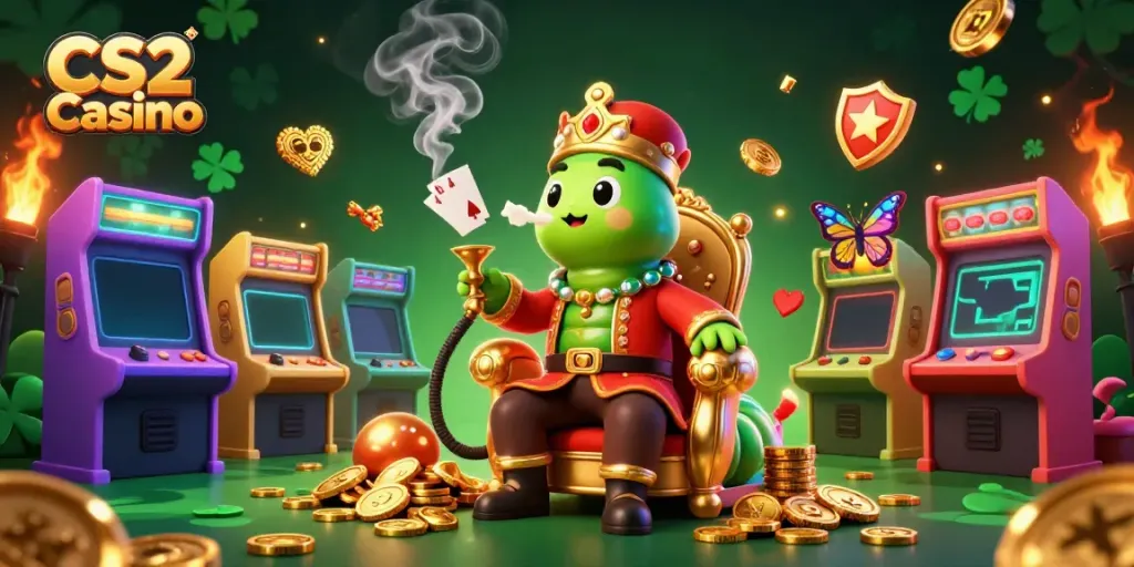 Experience the excitement with CS2 Casino's vibrant 3D cartoon gaming scene, featuring a caterpillar hookah-master.