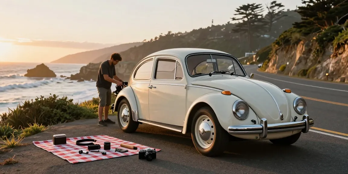 http://www.aircooledapps.com classic Volkswagen air-cooled vehicle at sunset on a coastal road with tools and a camera nearby.