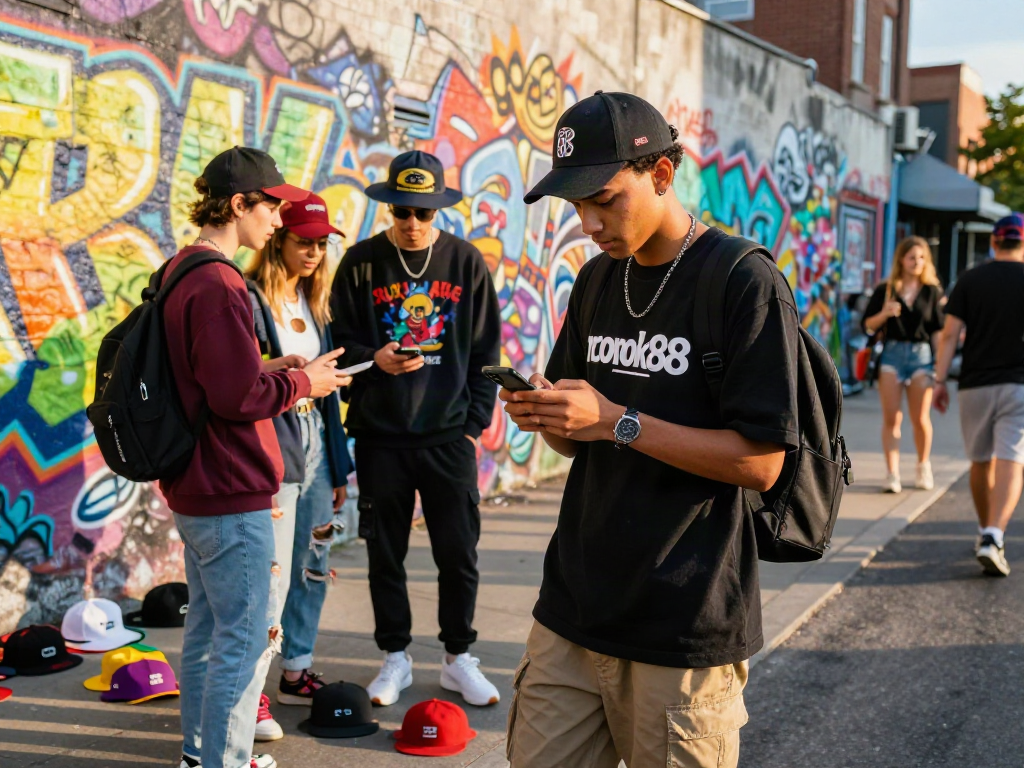 Youth in stylish apparel featuring rokok88 logo interacting with friends in vibrant urban fashion scene.