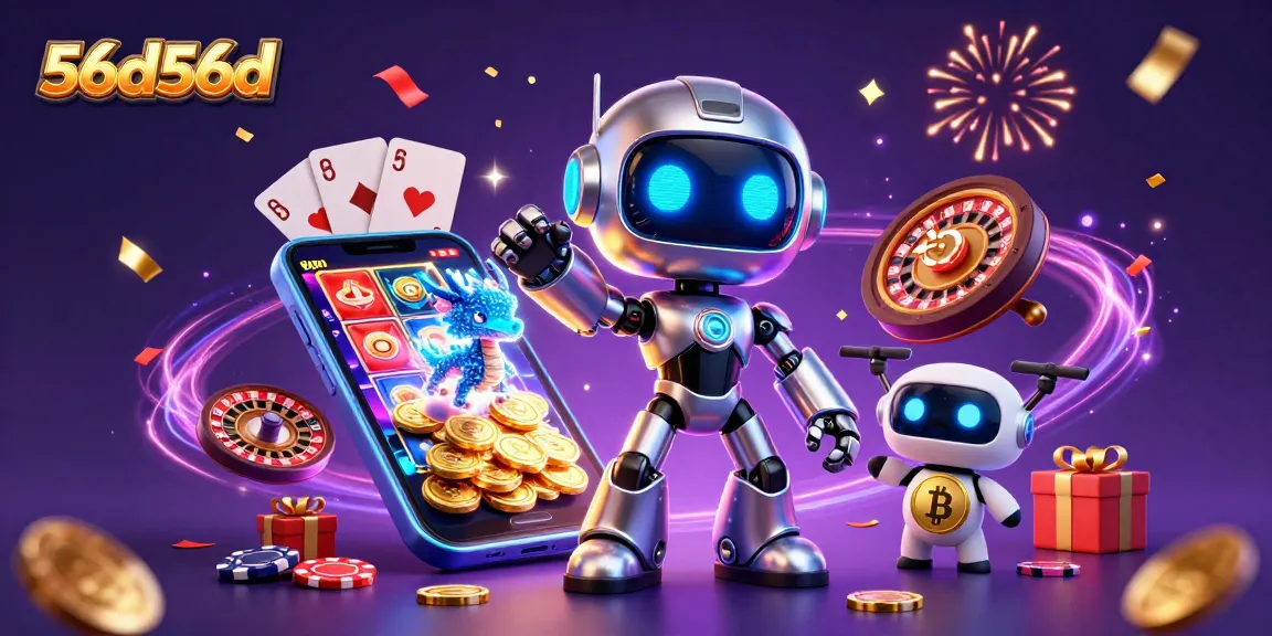 O jogo 56d56d ganha vida com um robô cibernético e um dragão holográfico em uma cena vibrante de cassino.